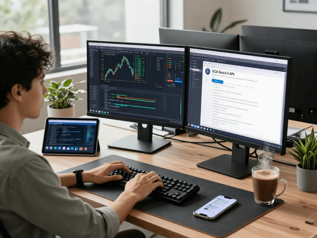 Dynamic workspace showcasing a developer using multi-ticker SGX stock batch API with real-time data visualizations.