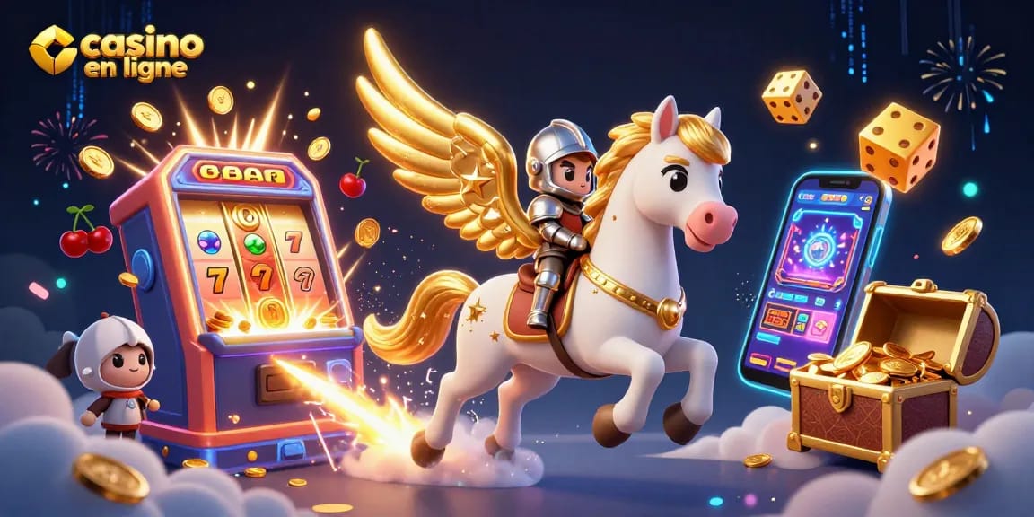 Image captivante de jeux de casino en ligne avec un cheval céleste et des éléments de jeux.
