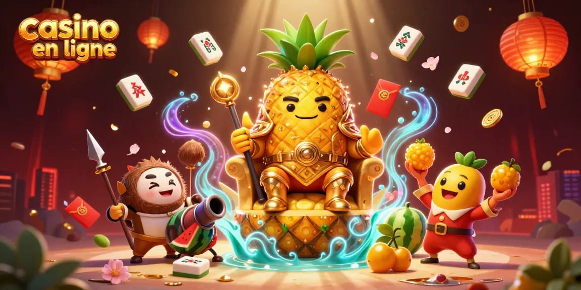 Illustration dynamique de casino en ligne avec le roi ananas, gardes de noix de coco et jongleur de mangue.