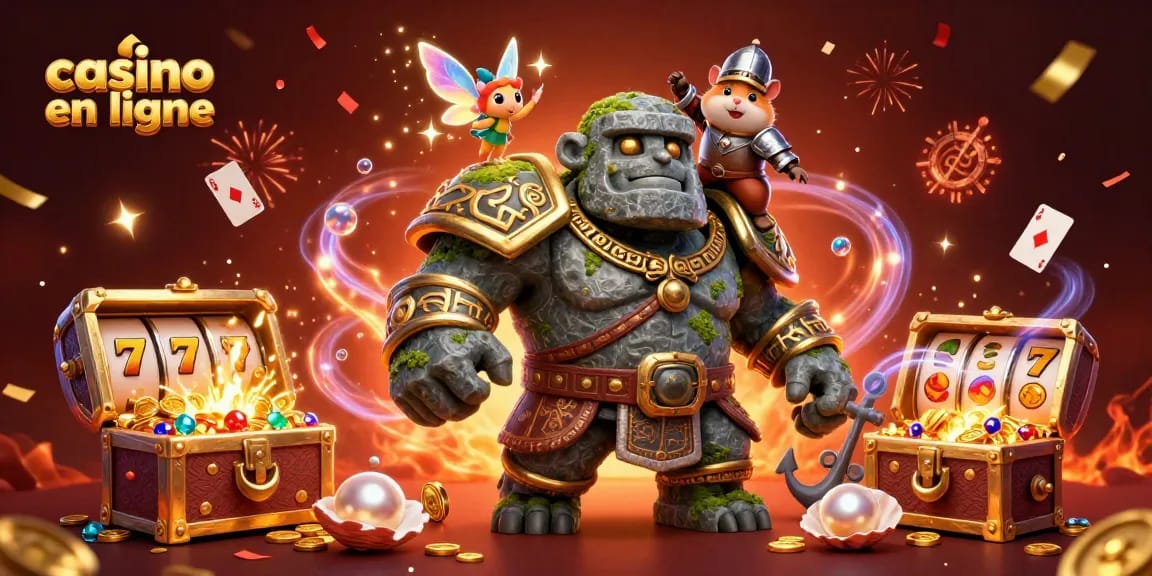 Découvrez la magie du casino en ligne avec un golem, une fée et un hamster dans une scène vibrante.