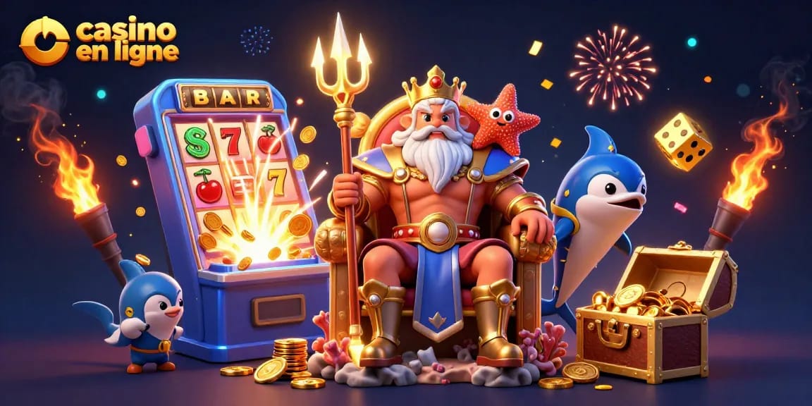Jouez à casino en ligne avec le roi Neptune entouré de joyaux et de jackpots.