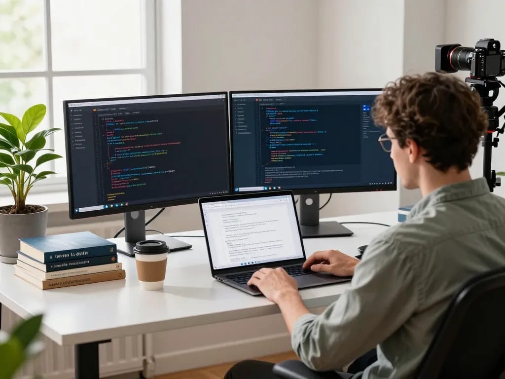 Developer reviewing telegram 下载 interface in a bright tech workspace with dual monitors and coding books.