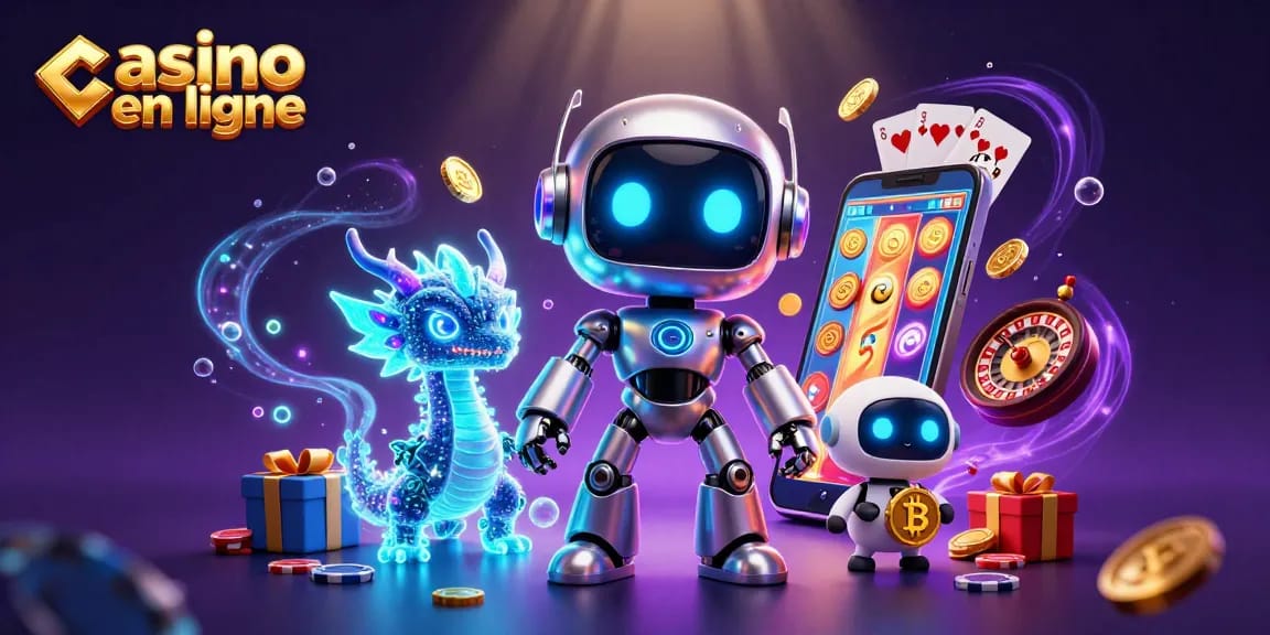 Illustrez votre expérience de casino en ligne avec un robot cyberpunk et ses compagnons interactifs.