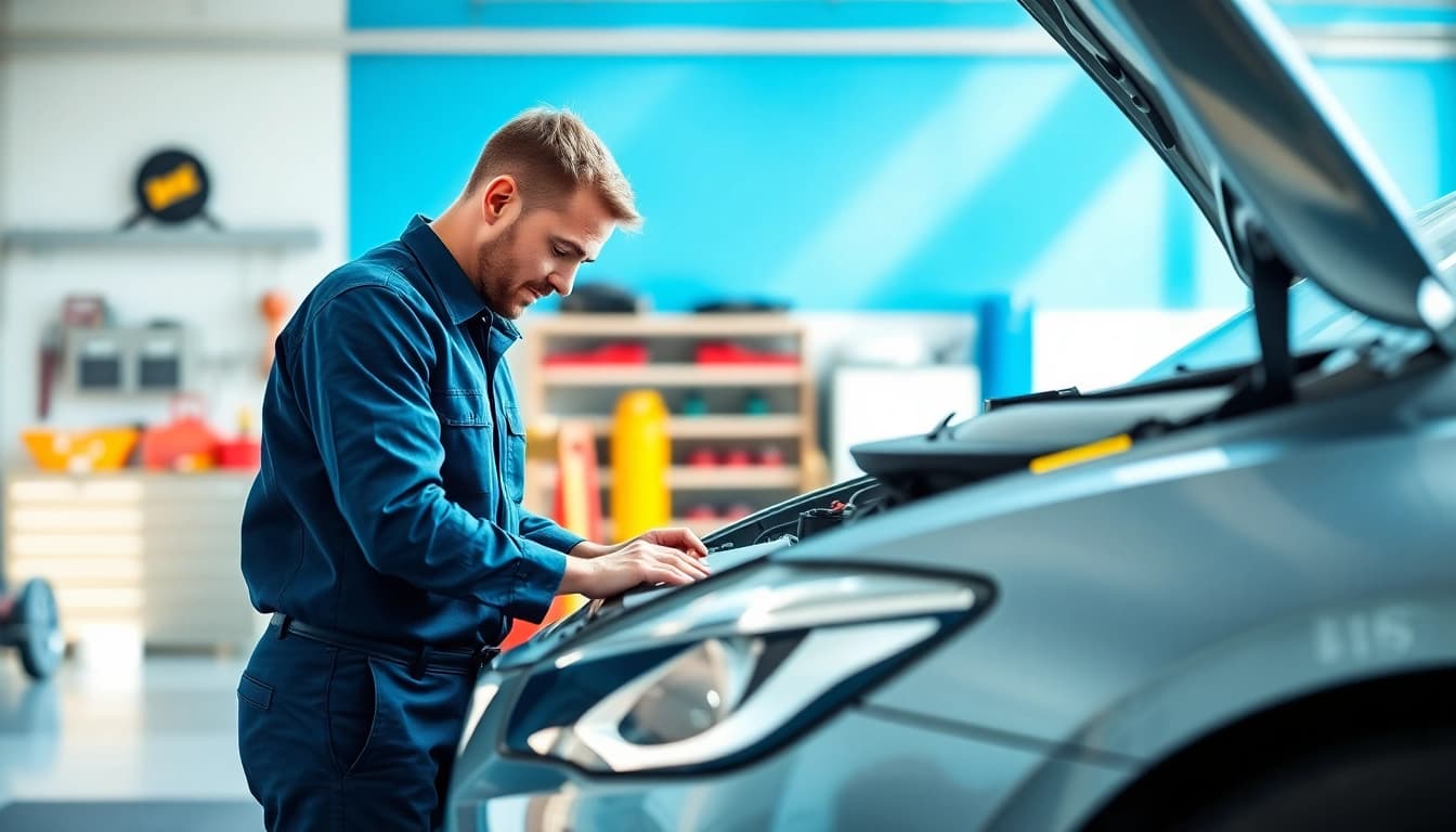 Mobile car repair technician servicing a vehicle in a bright garage.