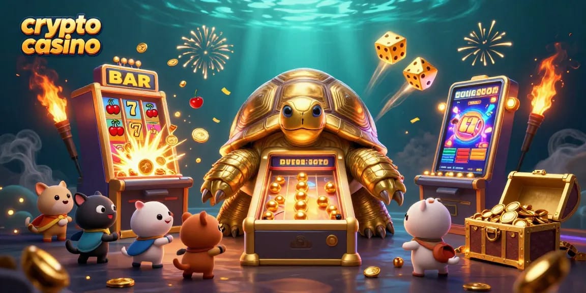 Visualisez un casino crypto enjoué avec une tortue géante en or et un jackpot explosif.