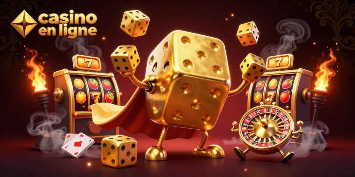 Image dynamique de casino en ligne avec un golem de dés dorés et des rouleaux de machines à sous.