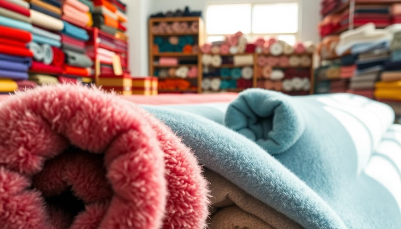 Fleece stof per meter beschikbaar in diverse kleuren en patronen in een textielstudio.