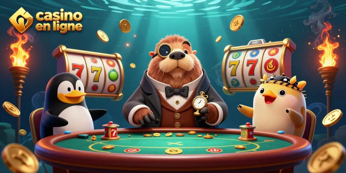 Le casino en ligne animé par un morse en costume joue au poker avec un pingouin et un poisson-globe.