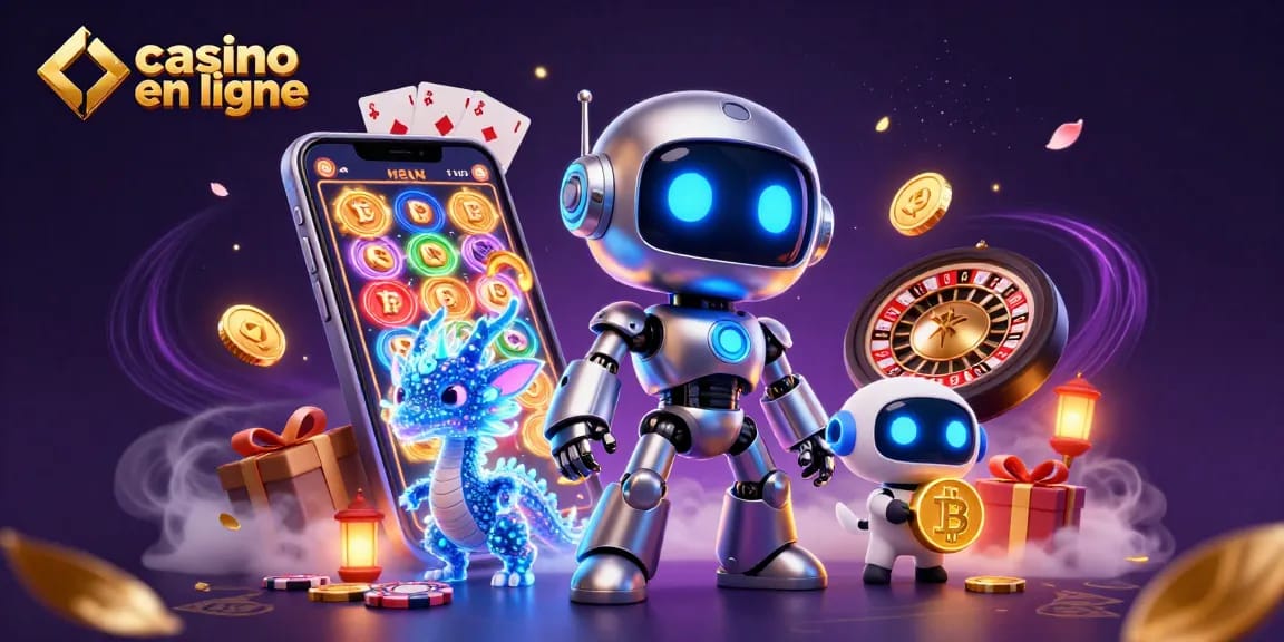 Visualisez un monde de casino en ligne dynamique avec un robot cyberpunk, un dragon holographique et des éléments de jeu.