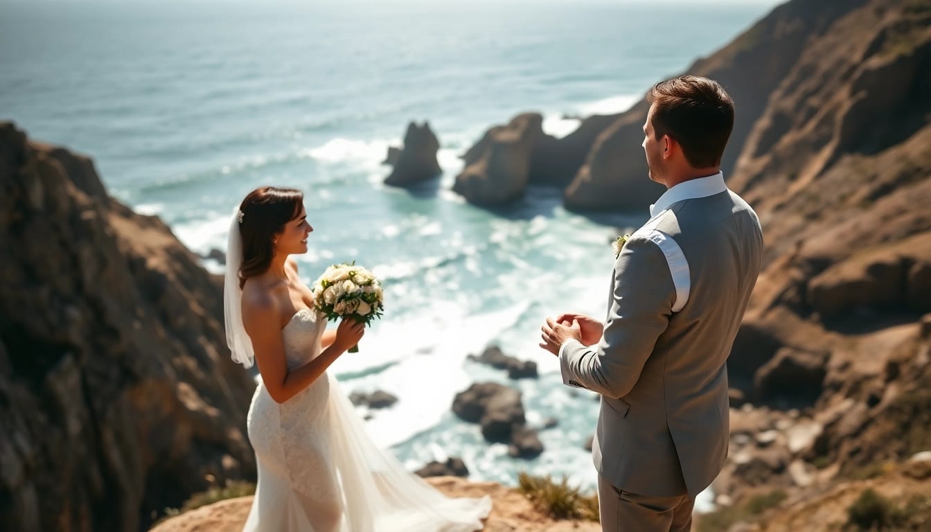 Stunning Big Sur wedding photography of a couple exchanging vows on a cliff above the ocean.