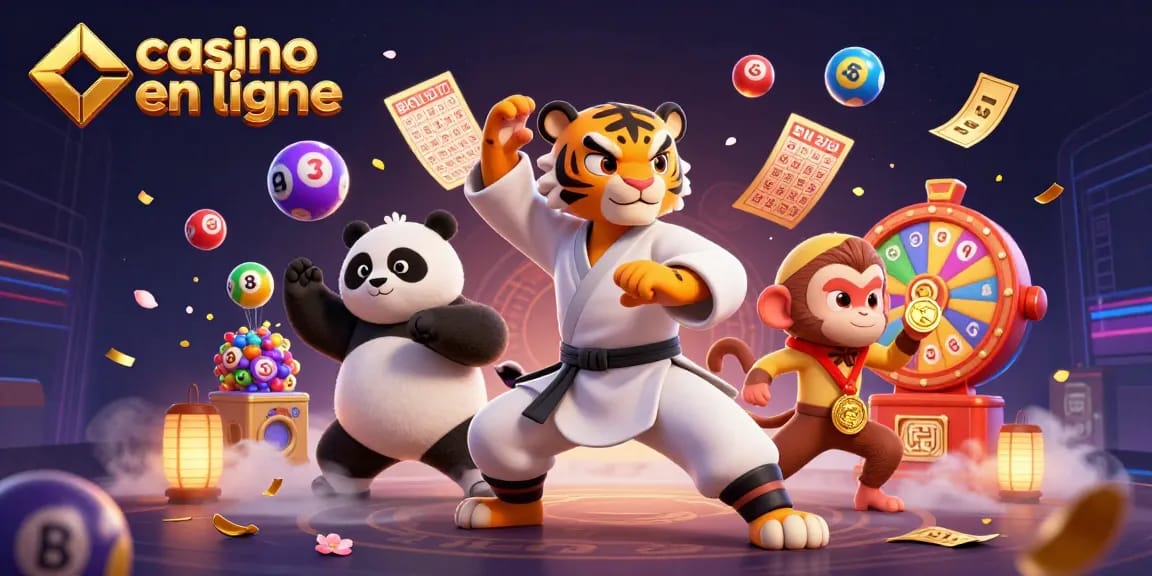 Une scène captivante de casino en ligne avec un tigre maître en arts martiaux et des éléments de loterie.