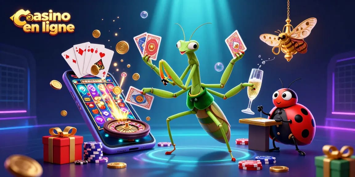Visualisez le jeu captivant de casino en ligne avec ce dessin de mante religieuse géante et une coccinelle.