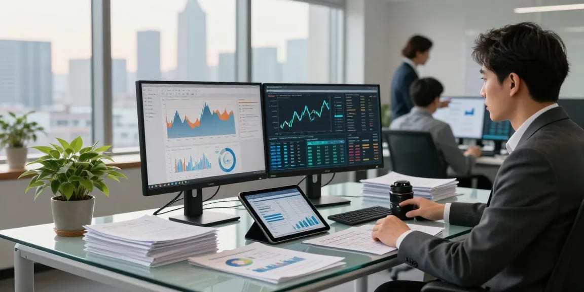 Financial analyst conducting asset tracing analysis at modern office desk.