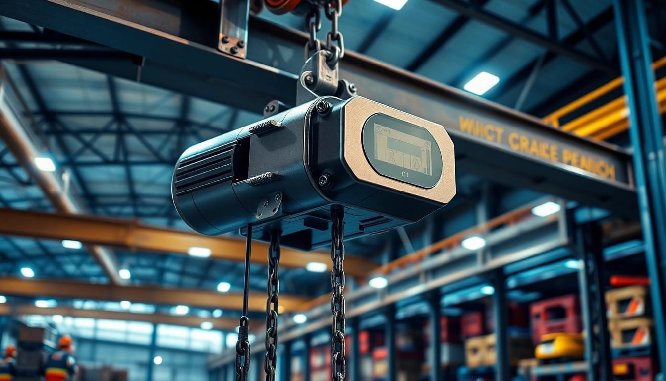 Electric chain hoist crane showcasing robust construction and safety in an industrial setting.