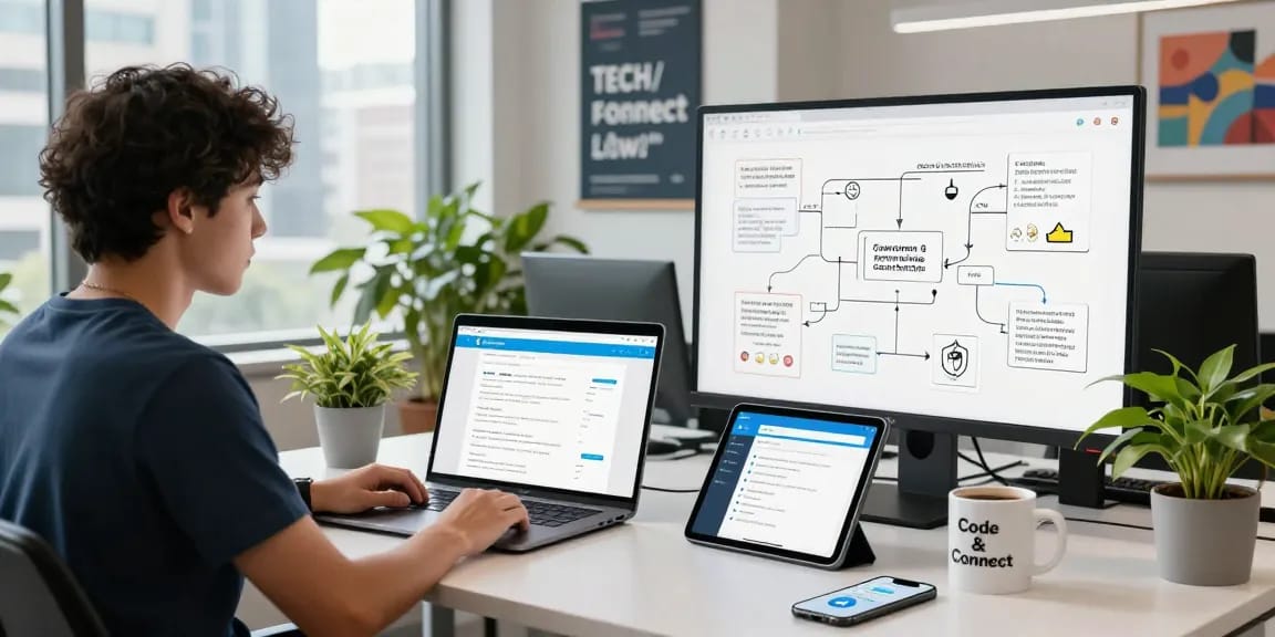 Dynamic workspace showcasing telegram官网 features on devices in a modern office environment.