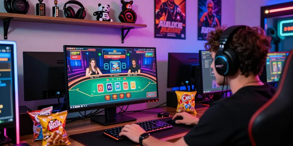 Gamer enjoying credit card casinos experience at home with vibrant setup.