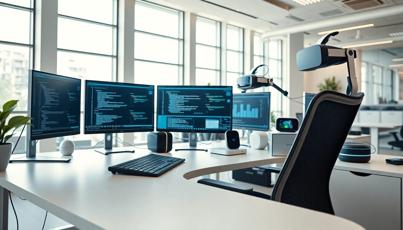 Showcase technology workspace with multiple screens and high-tech gadgets elevating productivity