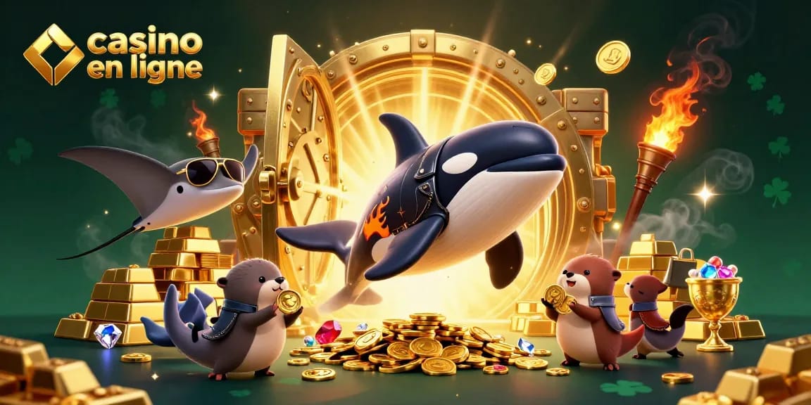 Illustration dynamique de casino en ligne avec l'orque et les animaux marins, remportant des gains.