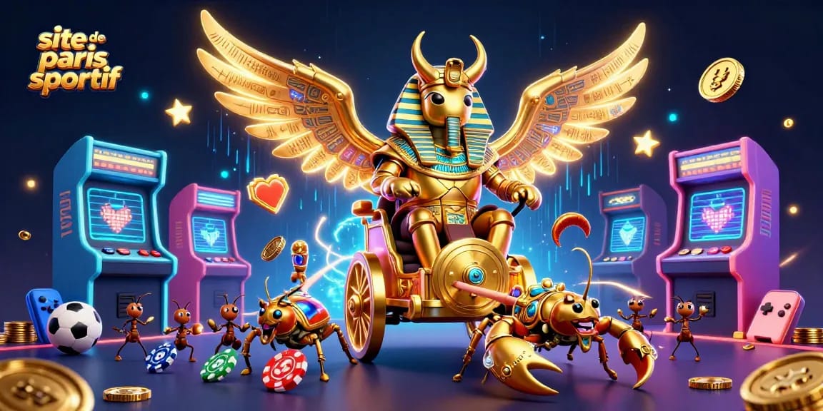 Venez découvrir le site de paris sportif avec des personnages dynamiques, des jetons de poker et des éléments sportifs.