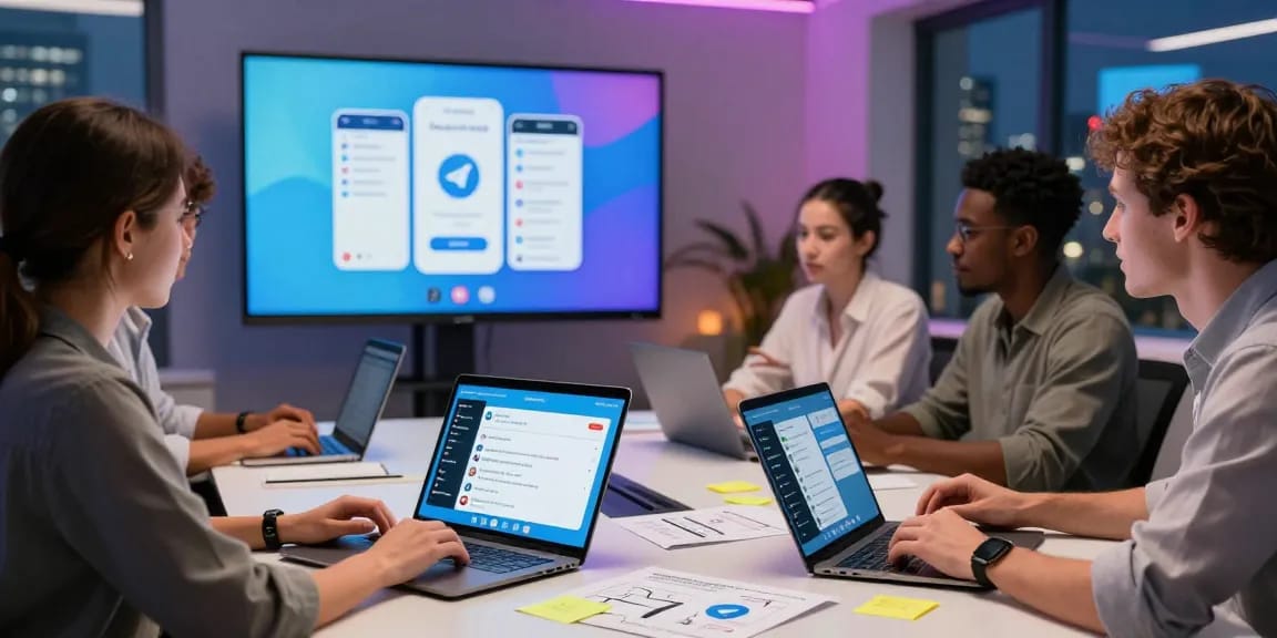Team collaborating in a digital workspace discussing telegram官网 features, showcasing secure messaging and app functionalities.