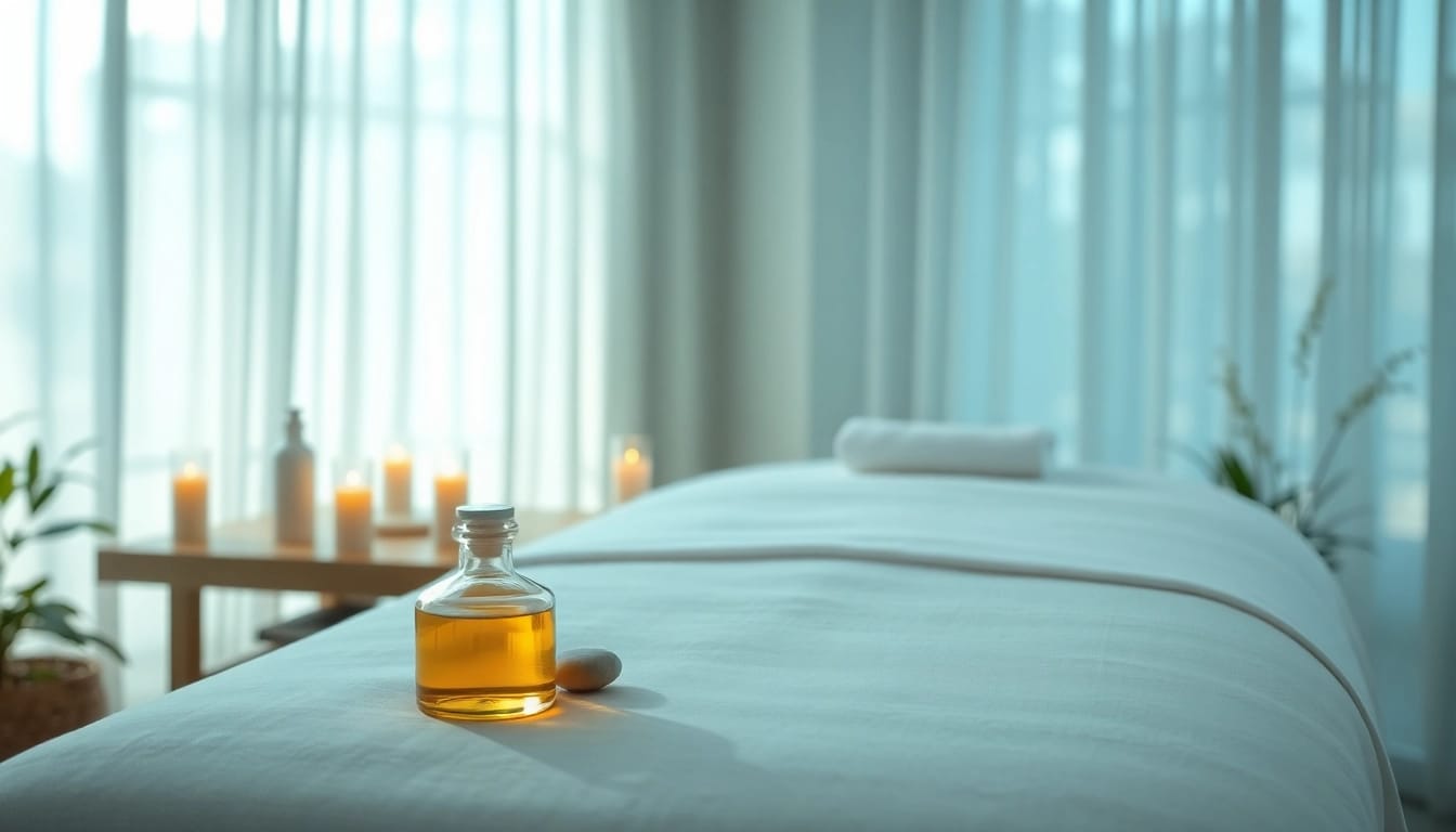 편안한 스파 환경에서 스웨디시 마사지로 원기를 회복하는 경험, 고급스러운 마사지 테이블을 보여줍니다.