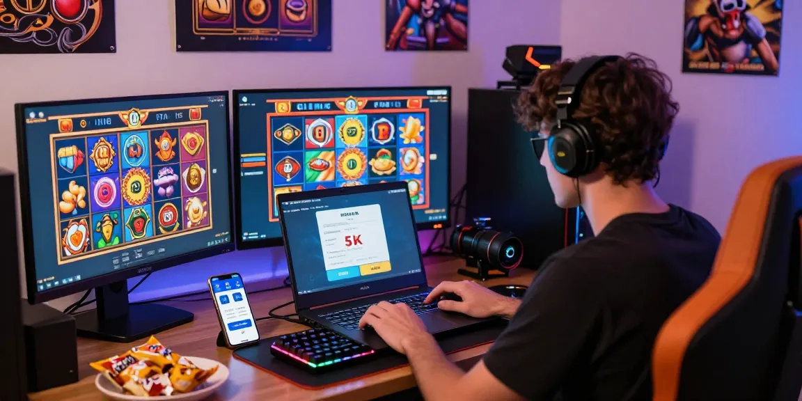 Engaging scene of a gamer processing a slot deposit 5k transaction while immersed in online gaming.