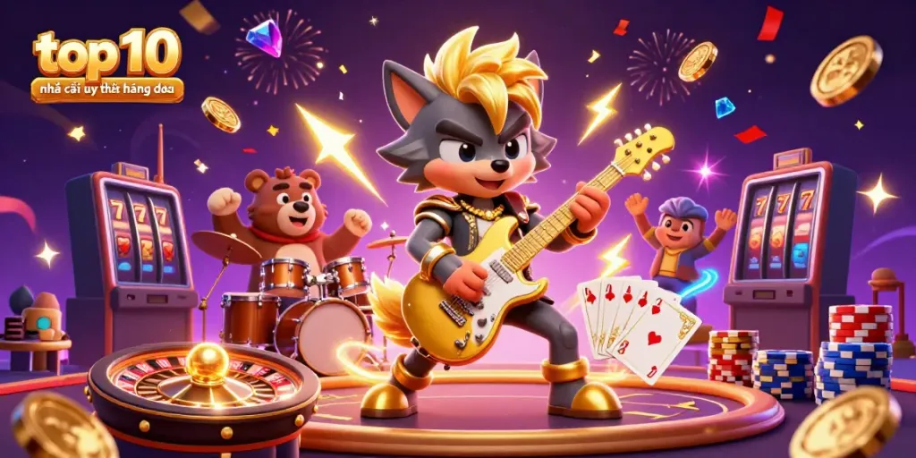 Experience the top 10 nhà cái uy tín hàng đầu with a thrilling 3D illustration of casino excitement.