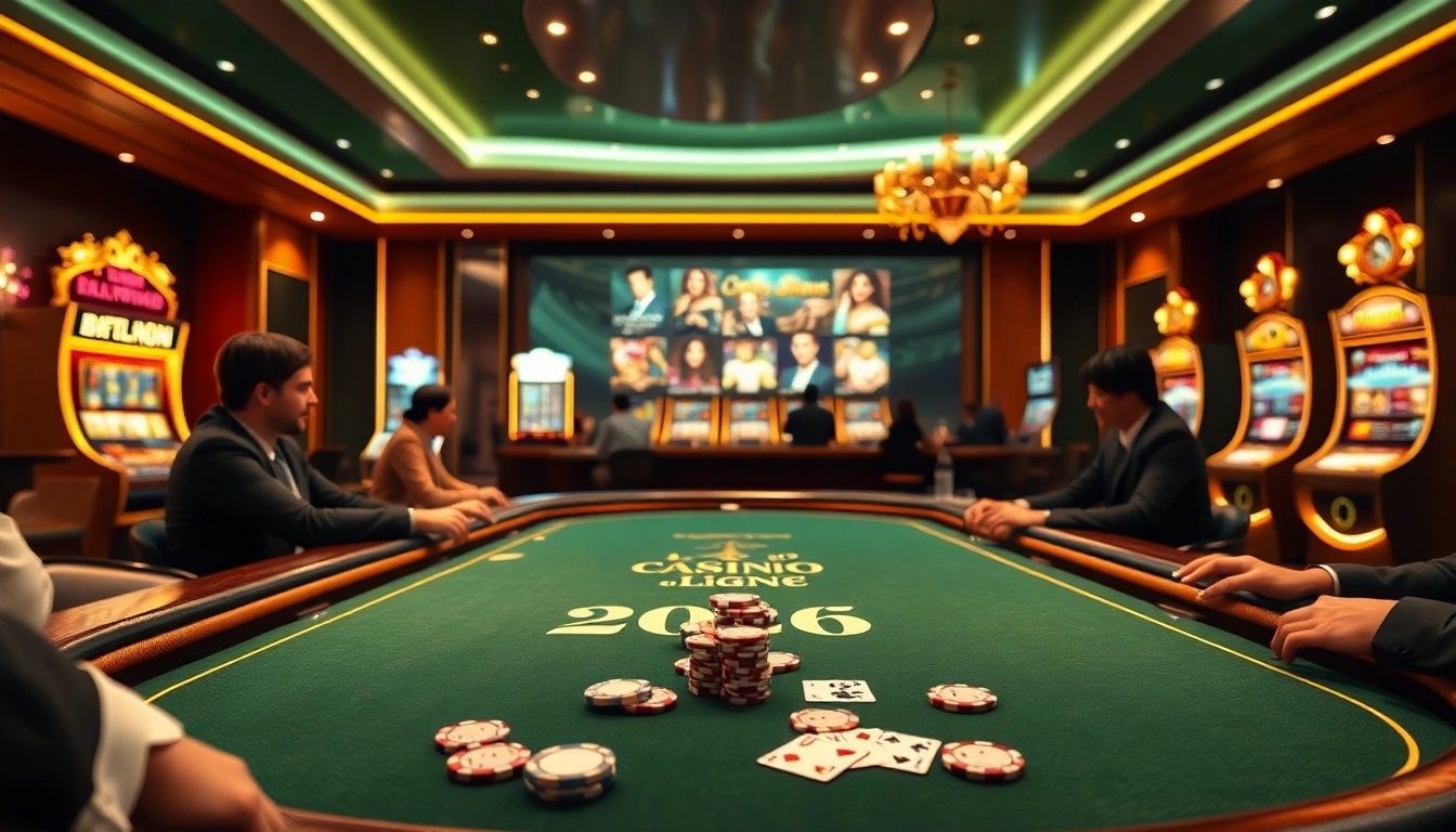 Vivez une expérience de jeu palpitante au casino en ligne 2026 dans une scène de poker engageante.