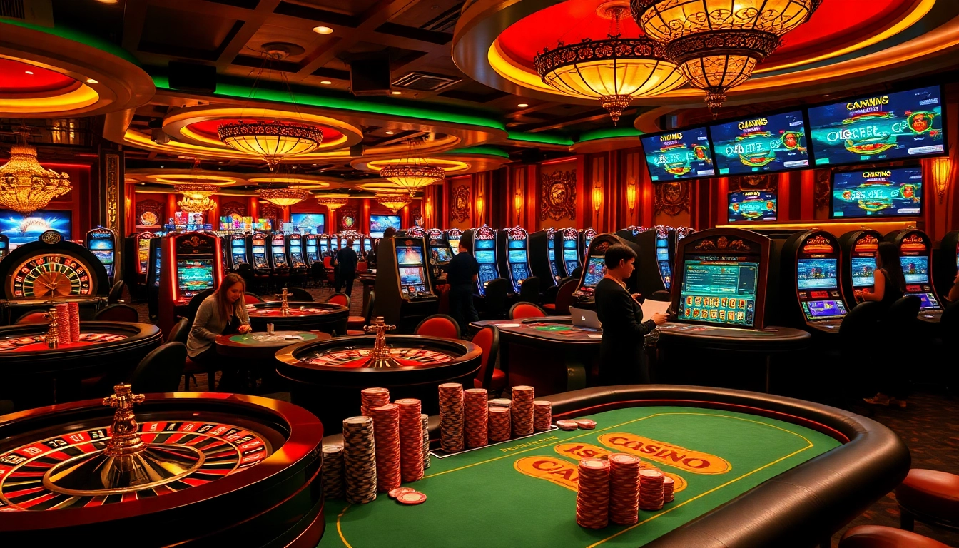 Une scène animée de casino en ligne français présentant des roues de roulette, des tables de poker et des machines à sous avec des invités profitant de leur expérience.