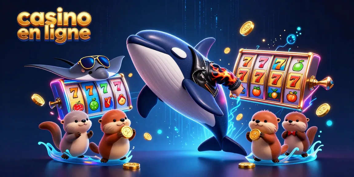 Jouez au casino en ligne avec des tons vifs où une baleine orque fait un saut avec des pièces d'or flottantes.