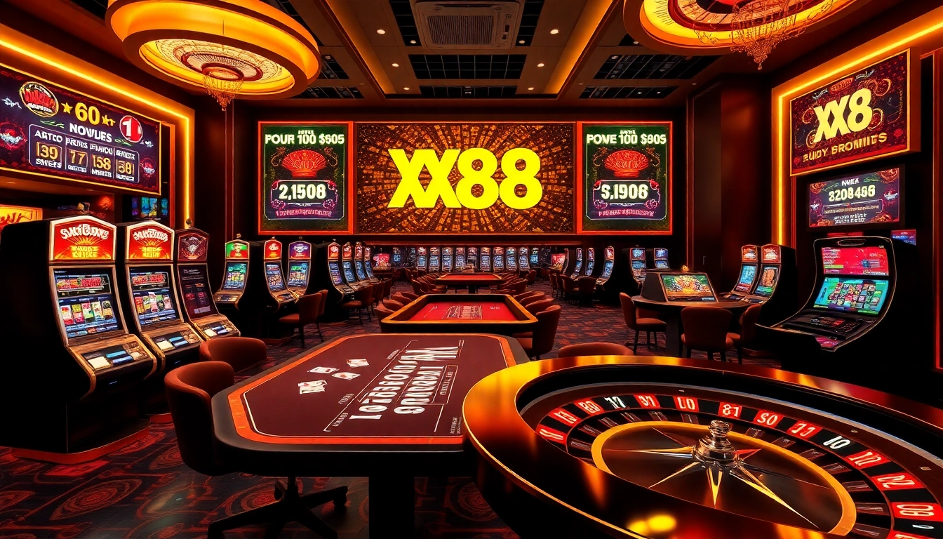 Experience luxury gaming at XX88 with vibrant casino tables, cards, and slot machines.