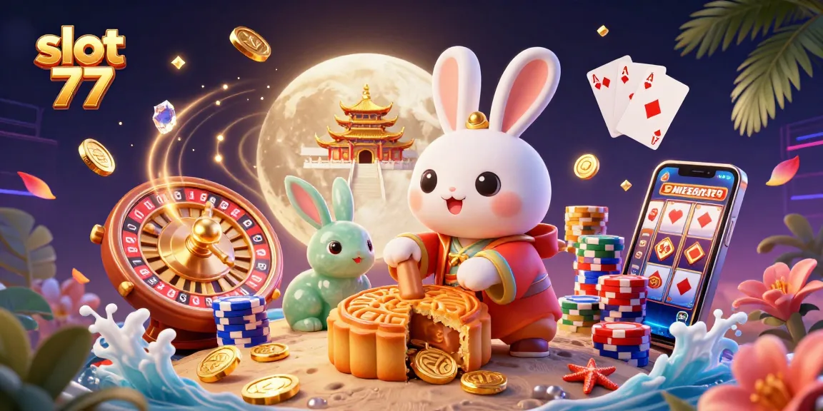 Engage in slot 77 action with a moon rabbit unearthing poker chips amidst dazzling casino elements.