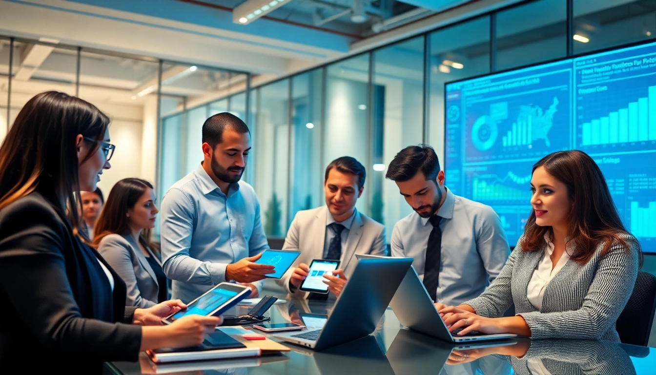 Professionals collaborating on premium technology services in a modern office.