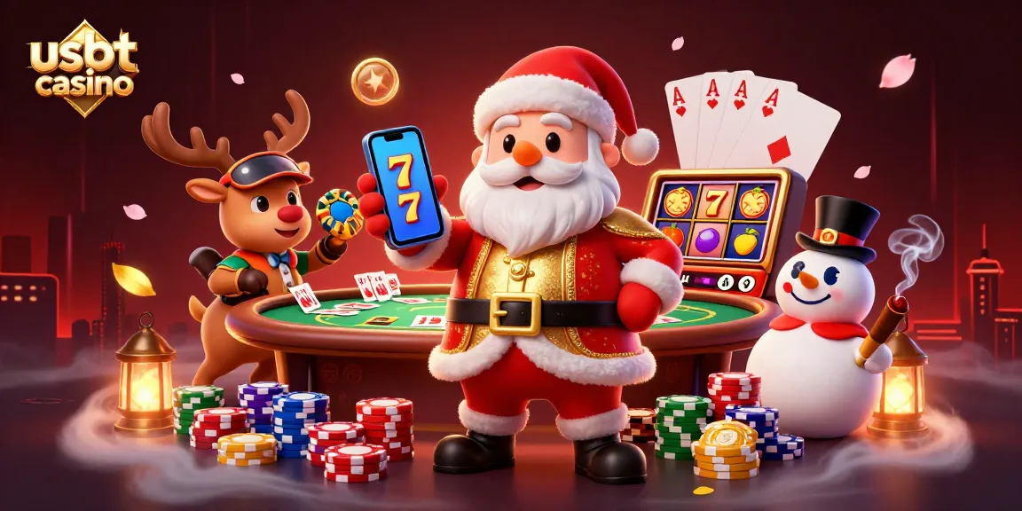 Gioca nei migliori usdt casino con Babbo Natale e simboli di fortuna in un'atmosfera festosa.