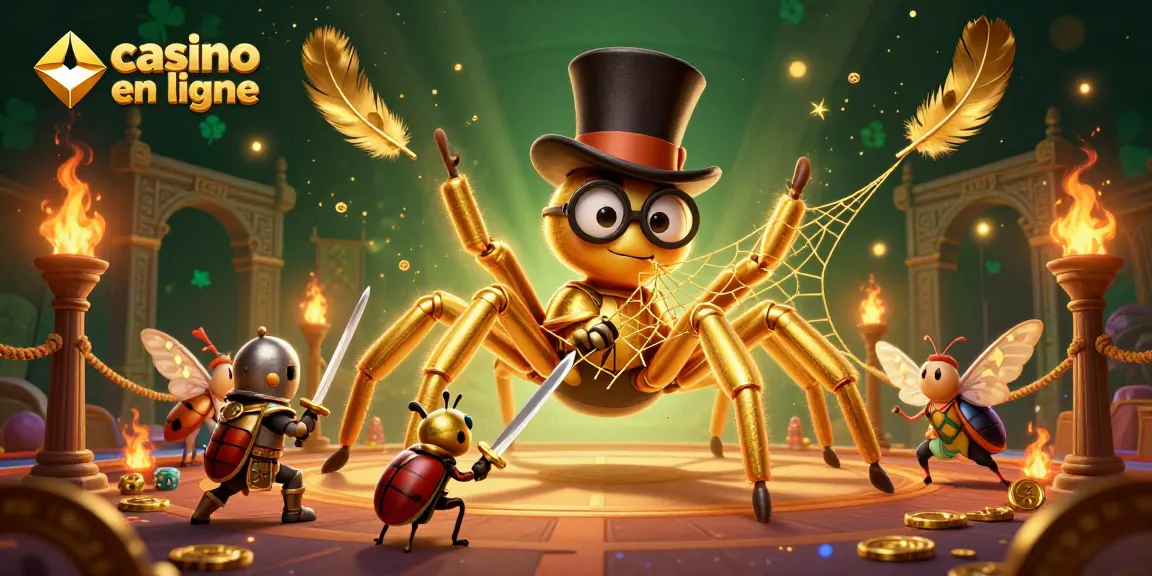 Illustration d'une tarentule dorée et d'un petit chevalier dans un casino en ligne, entourés de pièces d'or.