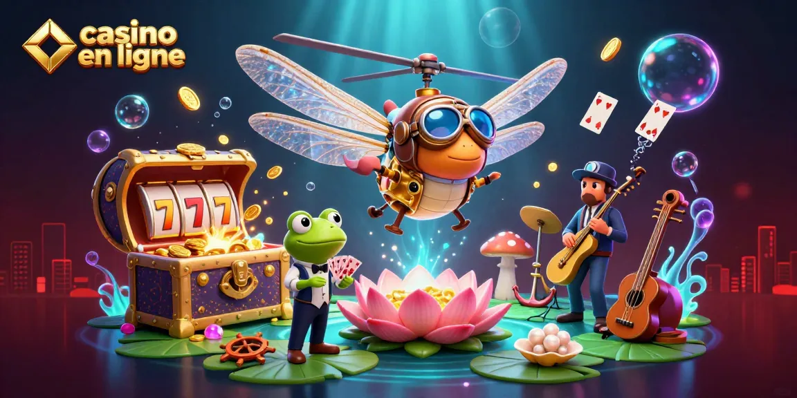Visualisez une scène amusante au casino en ligne, un pilote libellule et un croupier grenouille en action.