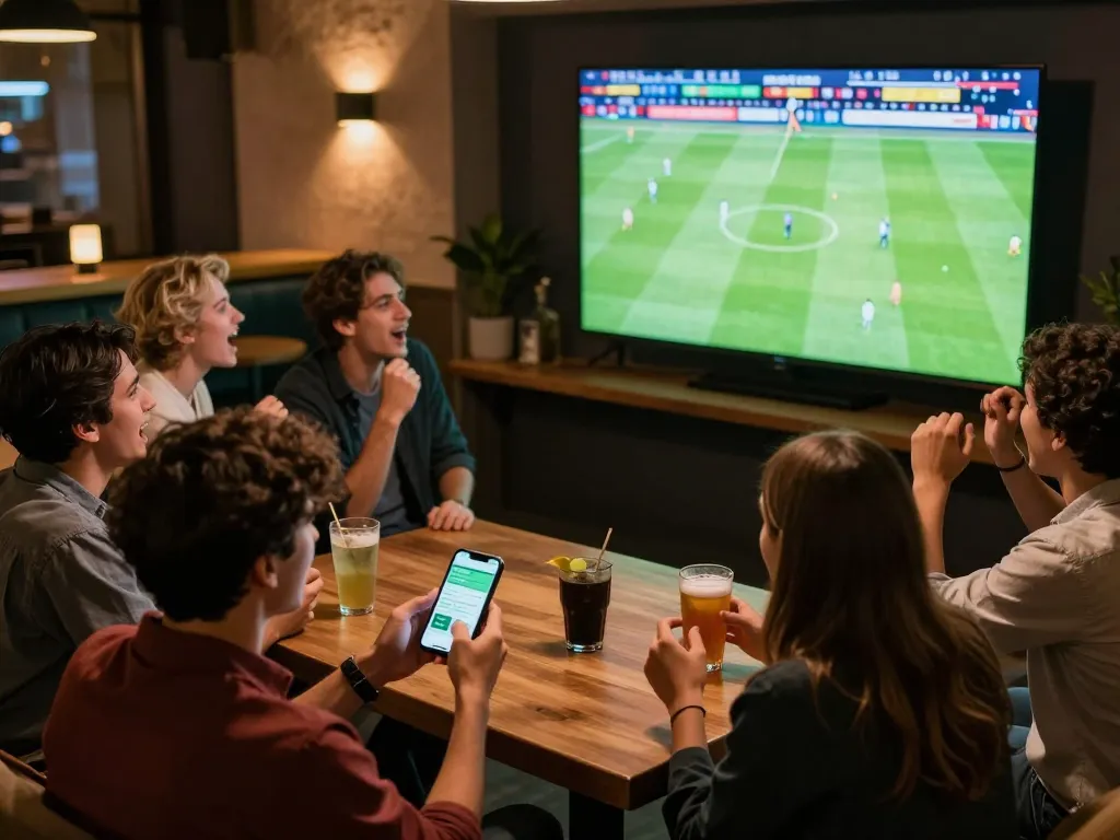 Engaged sports bettors using 7m app while watching live football match at vibrant sports bar.