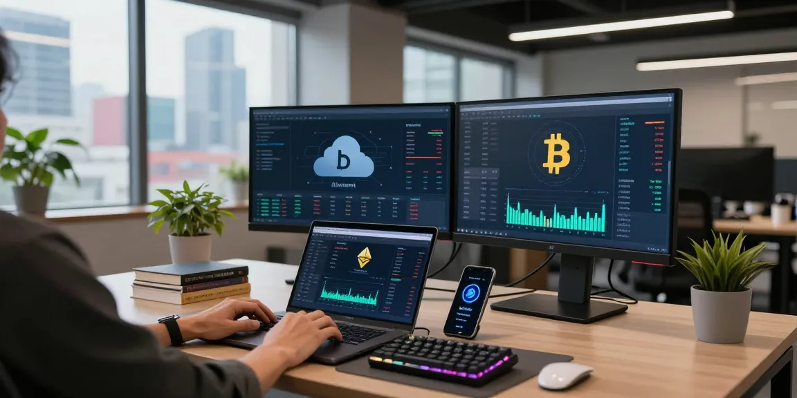 Cloud mining platform analytics displayed on dual monitors in a modern cryptocurrency office.