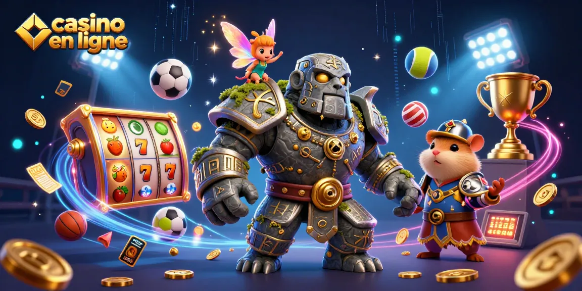 Jouer à casino en ligne avec un golem de pierre et un hamster chevalier entourés de machines à sous.