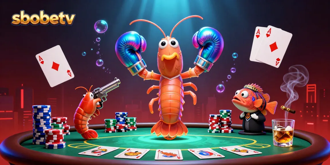Experience intense poker action with sbobetv as cartoon characters battle at a vibrant casino table.