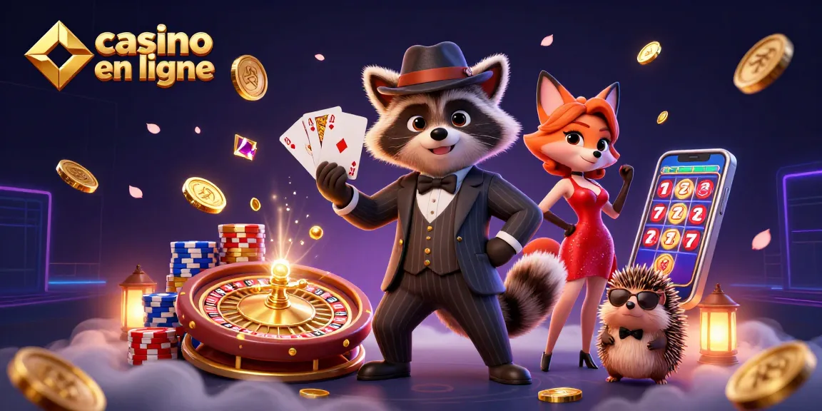 Illustration de casino en ligne montrant un raton laveur, une renarde et un hérisson entourés de pièces d'or et d'éléments de jeux.
