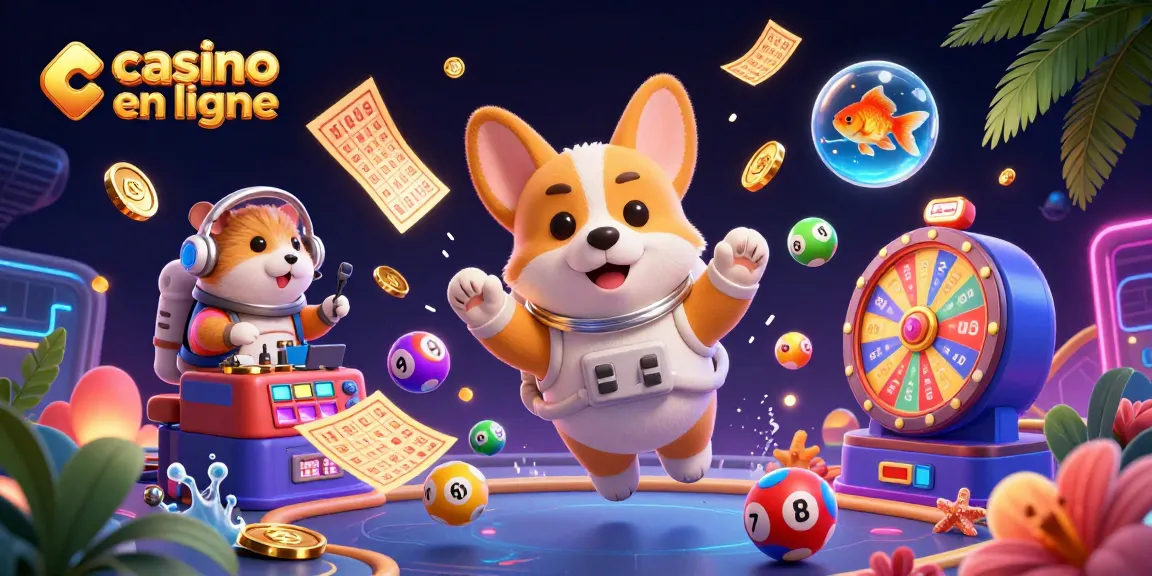 Plongez dans l'univers du casino en ligne avec un corgi astronaute et des balles de loterie flottantes.