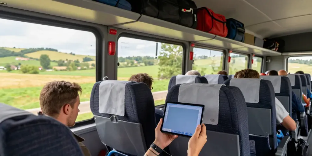 Transport Moldova Germania: călător confortabil pe autobuz, peisaj european în fundal.