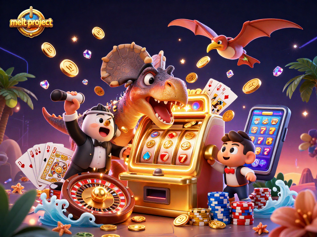 Catch flying golden coins in the melt-project casino scene featuring vibrant characters and dynamic action.