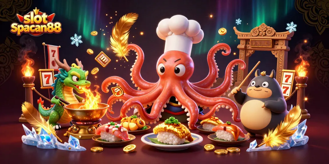 Experience the thrills of slot spaceman88 with dynamic 3D illustration featuring an octopus chef and dragon.