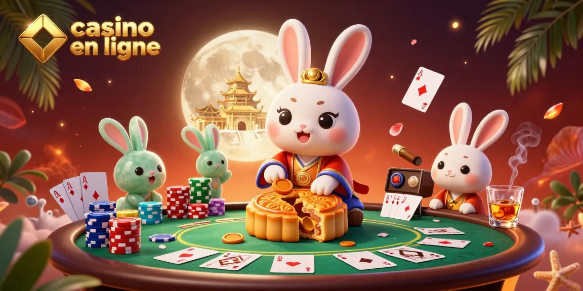 Jouez à des jeux passionnants dans un casino en ligne avec le lapin lunaire et des jetons de poker.