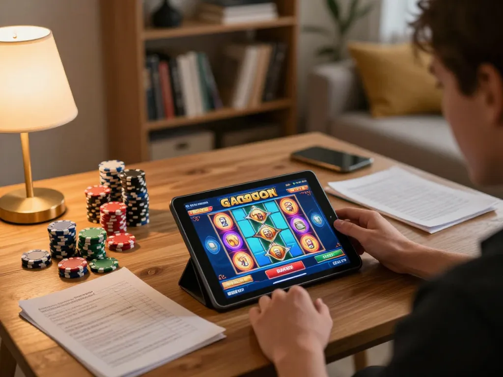 Engaging in slot gacor sore ini gameplay on tablet with vibrant visuals and strategic notes.