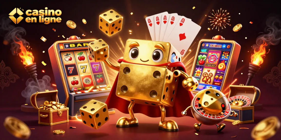 Plongez dans l'univers du casino en ligne avec un golem en dés dorés et une machine à sous expliquant l'excitation du jeu.