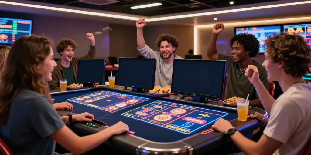 Permainan slot gacor di JPTOTO dan suasana ramai dengan teman-teman meraih jackpot.