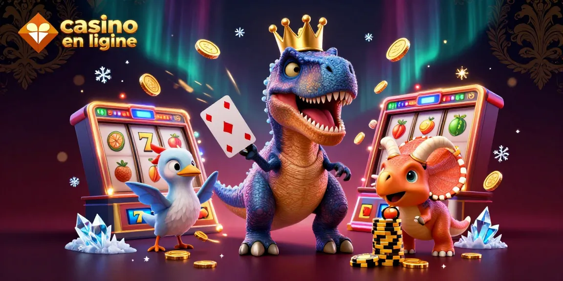 Illustration d'un T-Rex dans une couronne dorée jouant aux cartes tout en jouant dans un casino en ligne.